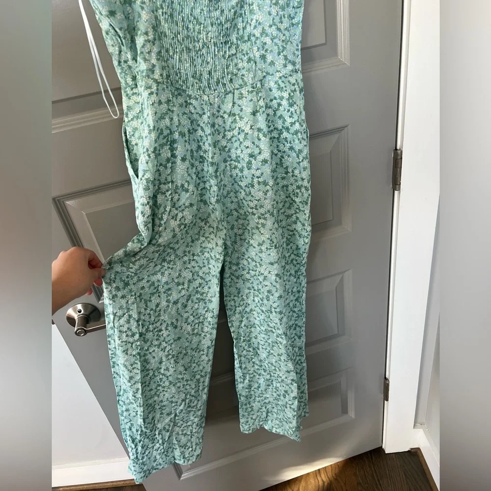 ZARA NECKHOLDER OVERALL LINEN BLEND FLORAL FLOWERS GREEN JUMPSUIT Size XS